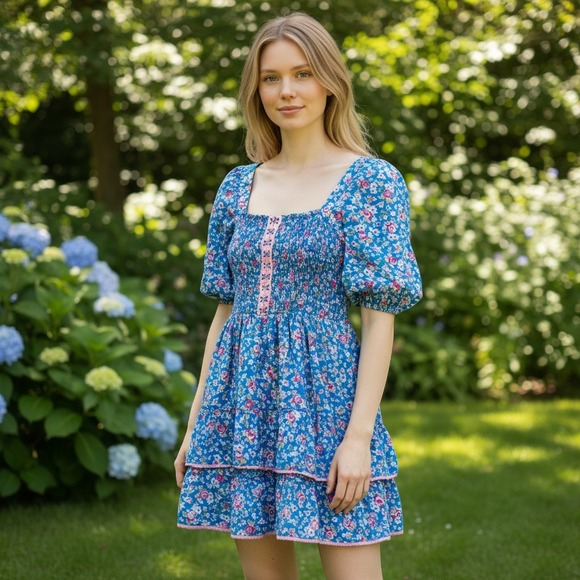 Betsey Johnson Dresses & Skirts - Betsey Johnson Blue Floral Smocked Mini Dress Puff Sleeve Pink Trim  M